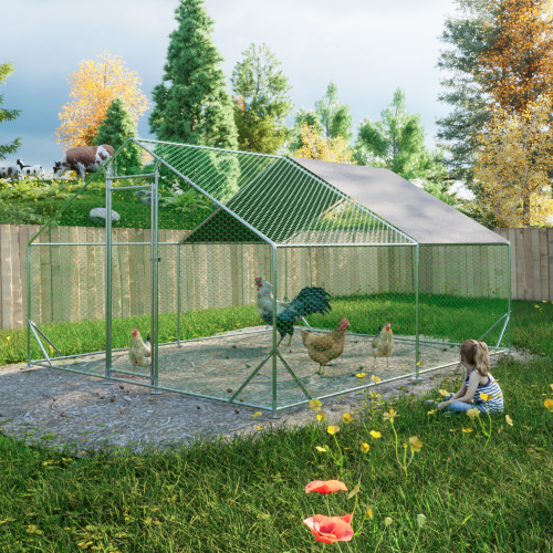Large Metal Chicken Coop with Walk-In Run, PVC Coated Wire Mesh, Waterproof Cover