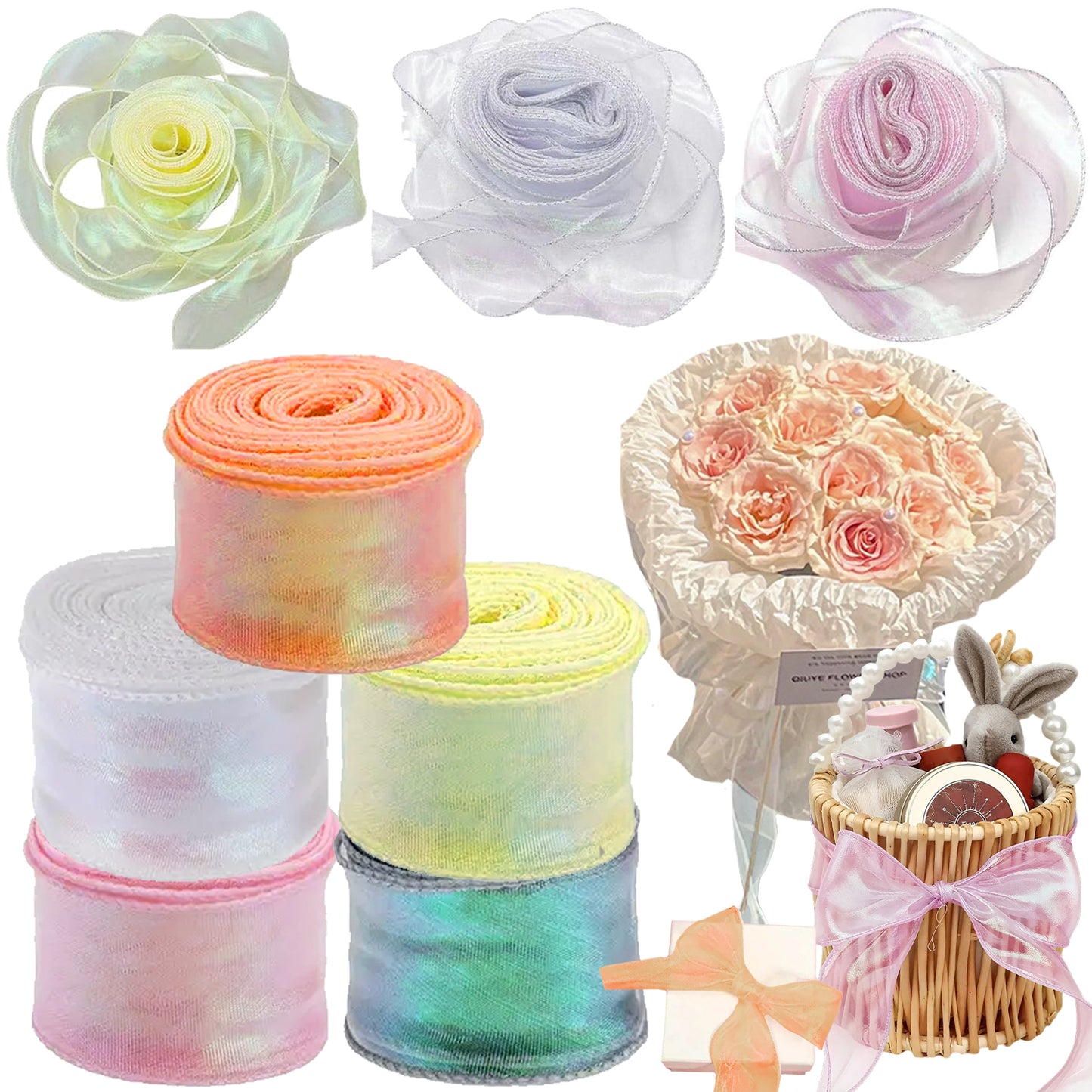 10 Yard Shimmer Sheer Organza Ribbons - 5 Rolls in 5 Colors