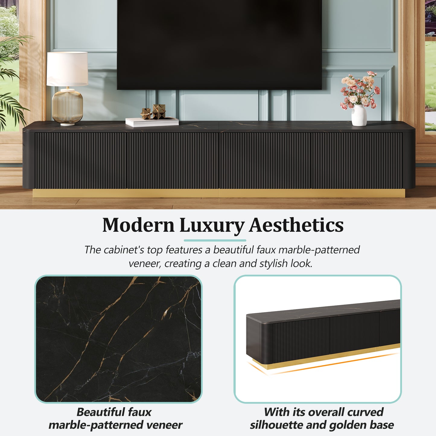 Modern Faux Marble TV Stand for TVs Up to 85" - Black