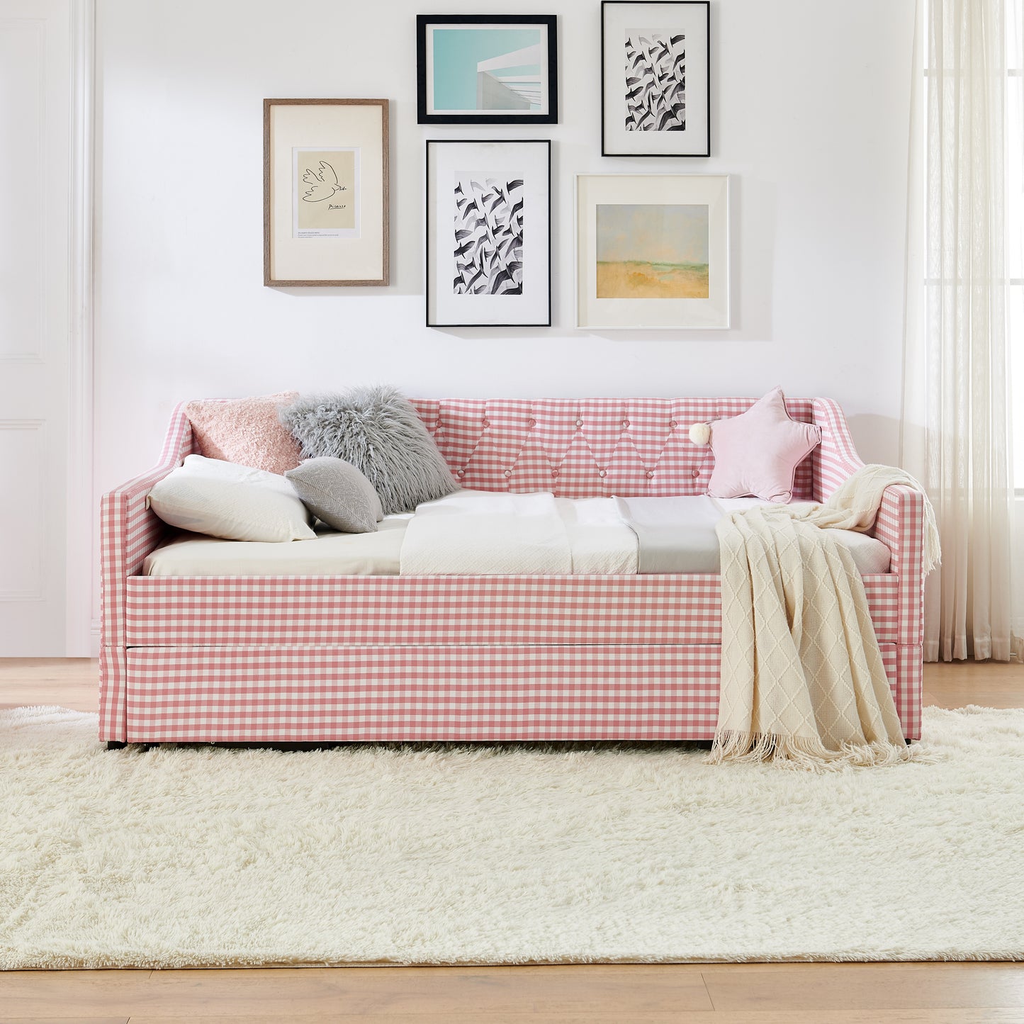 Full-Size Upholstered Convertible Daybed with Trundle & Storage - Pink