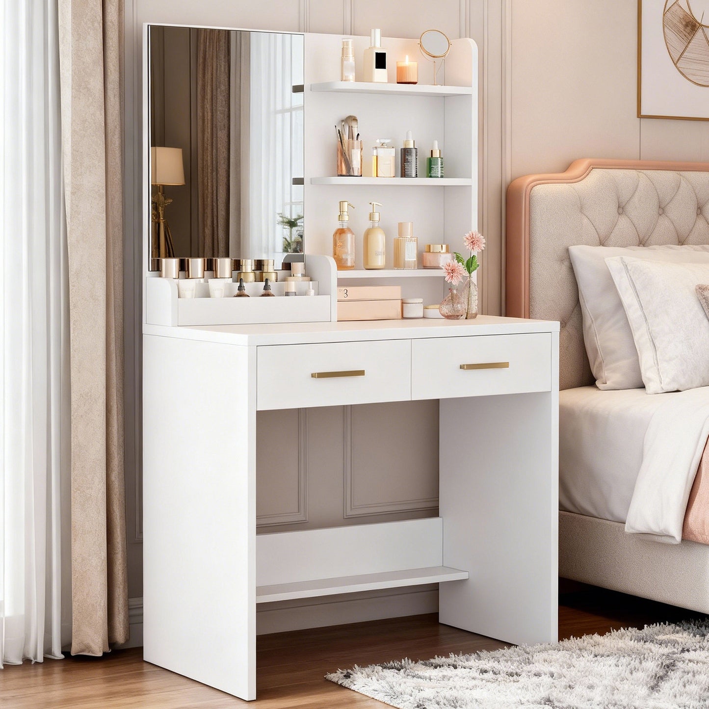 Vanity Table With Mirror 2 Drawers 3 Open Shelves Elegant White