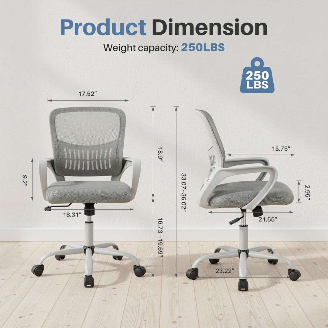Ergonomic Mid Back Office Chair with Lumbar Support - Grey