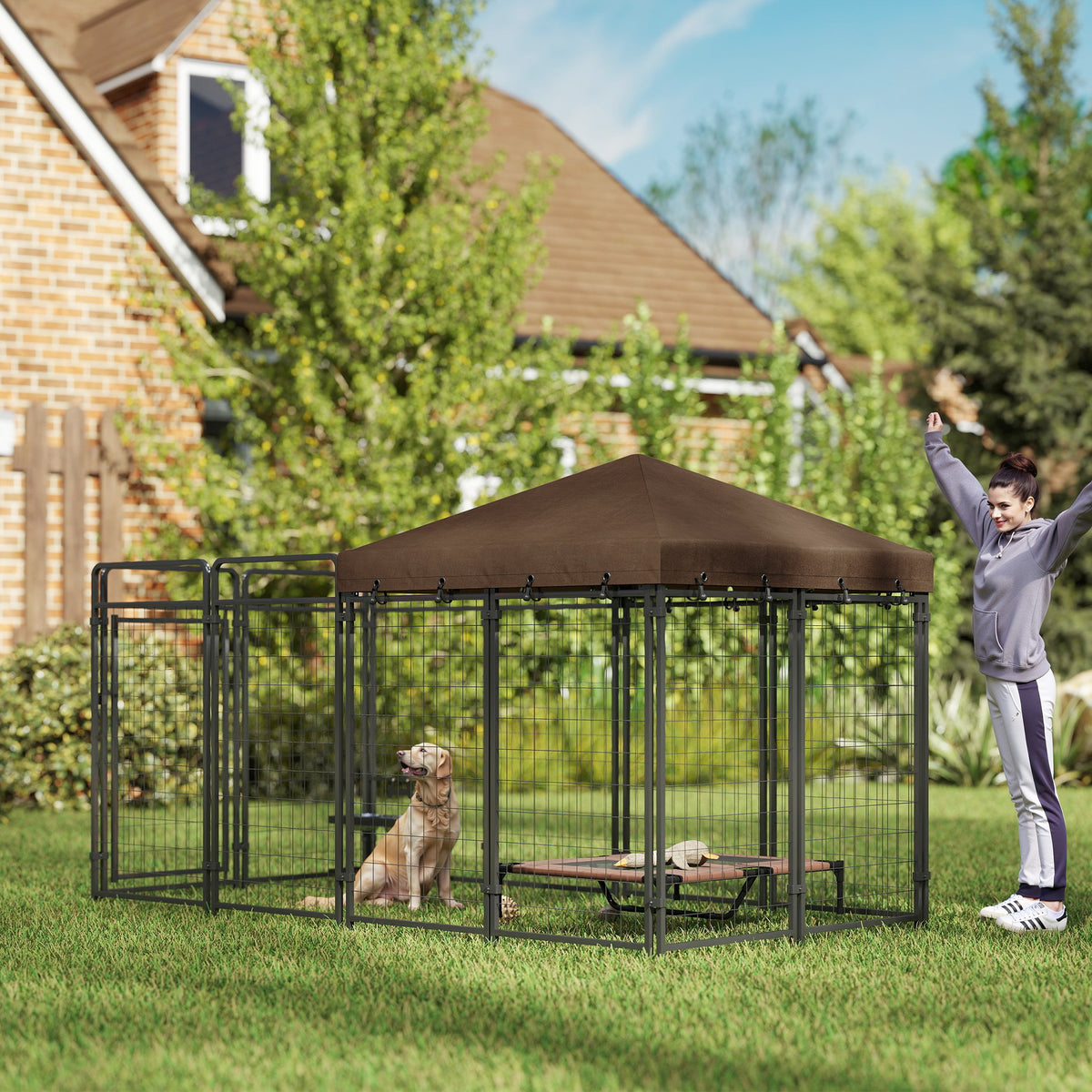 Outdoor Dog Kennel with Waterproof Canopy, Large & Medium Breeds, Secure Lock