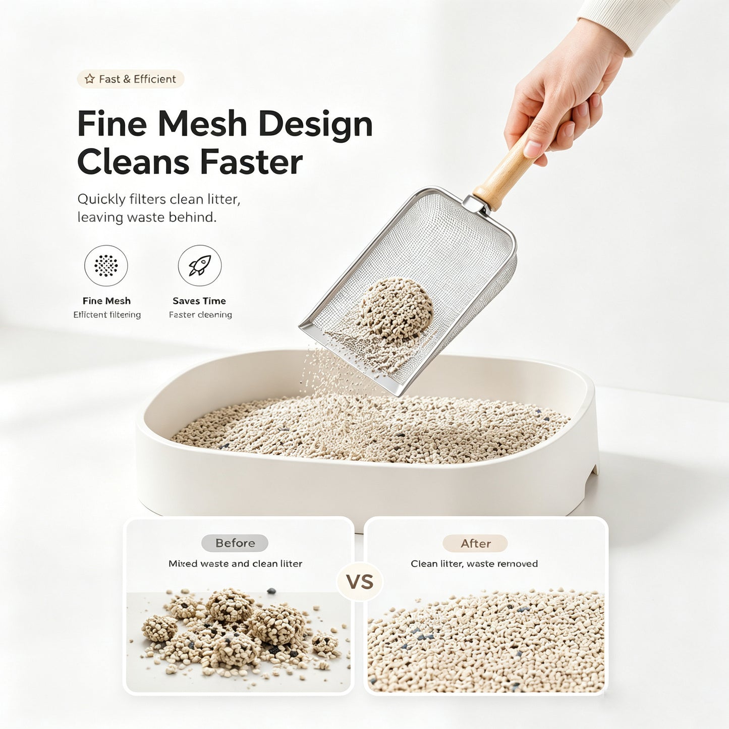 Stainless Steel Cat Litter Scoop with Mesh Sifter & Wooden Handle - Heavy Duty