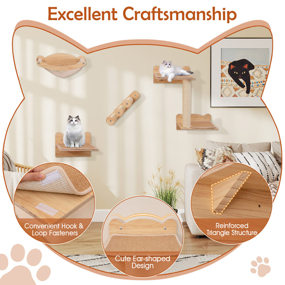 Wall-Mounted Cat Furniture Set of 4 with Hammock and Climbing Steps - Natural