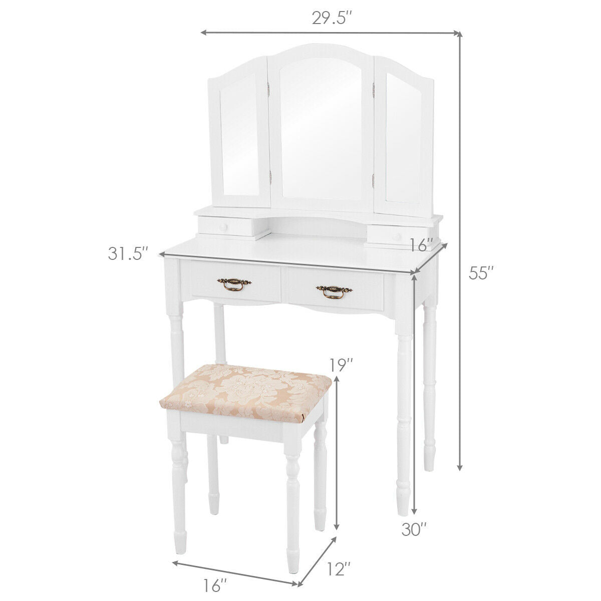 Vanity Set with Tri-Folding Mirror and Storage Drawers - White