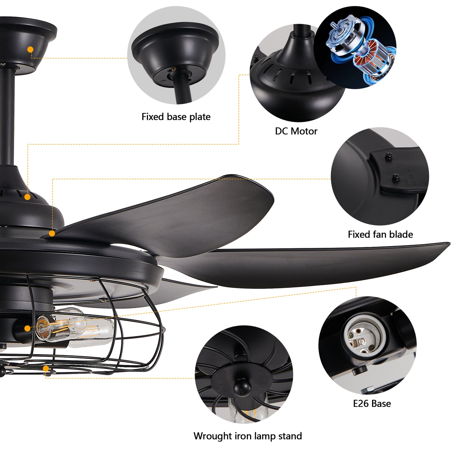 Modern Black Ceiling Fan with Light - 6 Blades, Industrial Design
