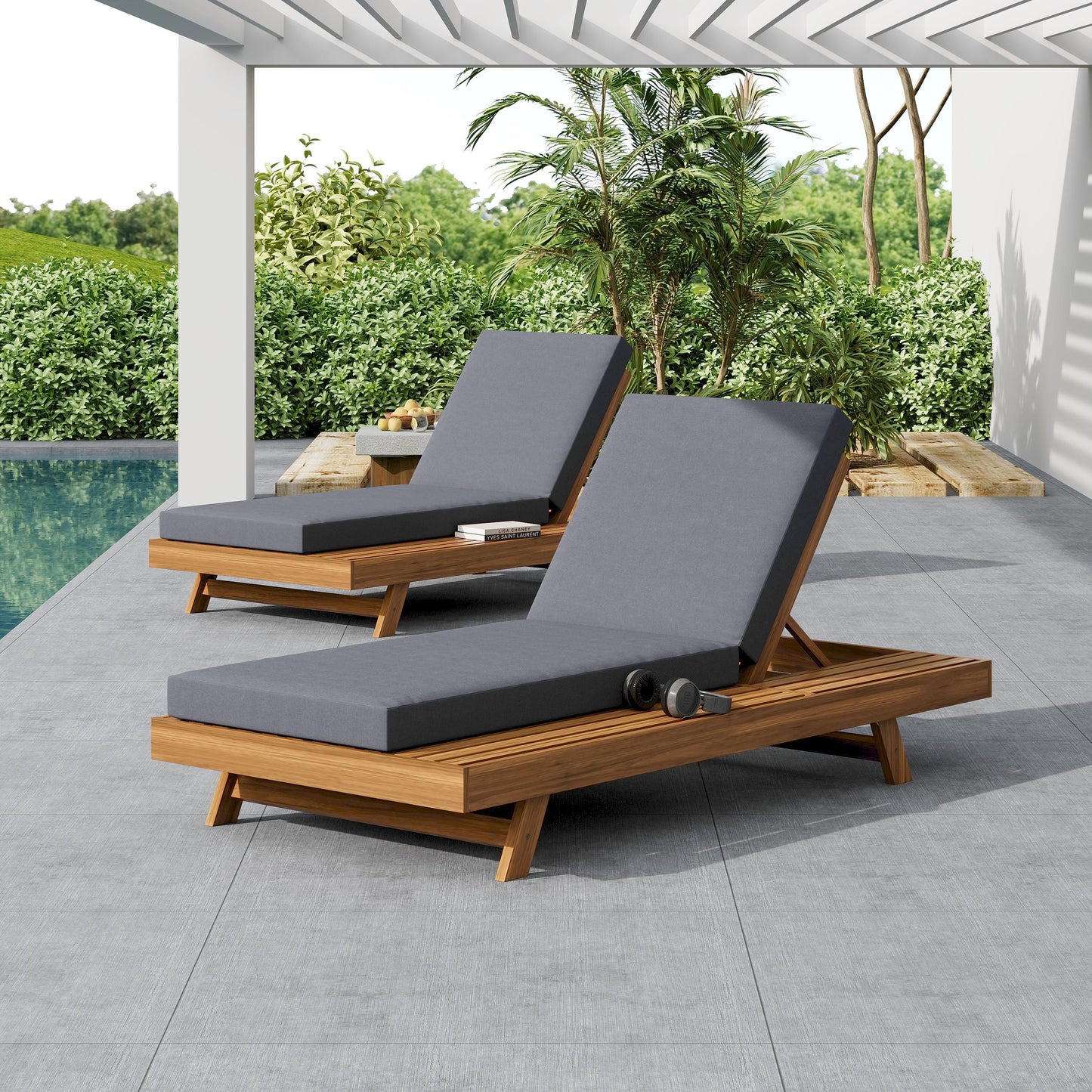 Acacia Wood Lounge Chaise Set with Water-Resistant Cushions - Dark Grey