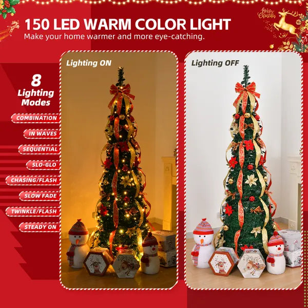6 FT Pre-Lit Christmas Tree - Fully Decorated with 150 Warm Lights