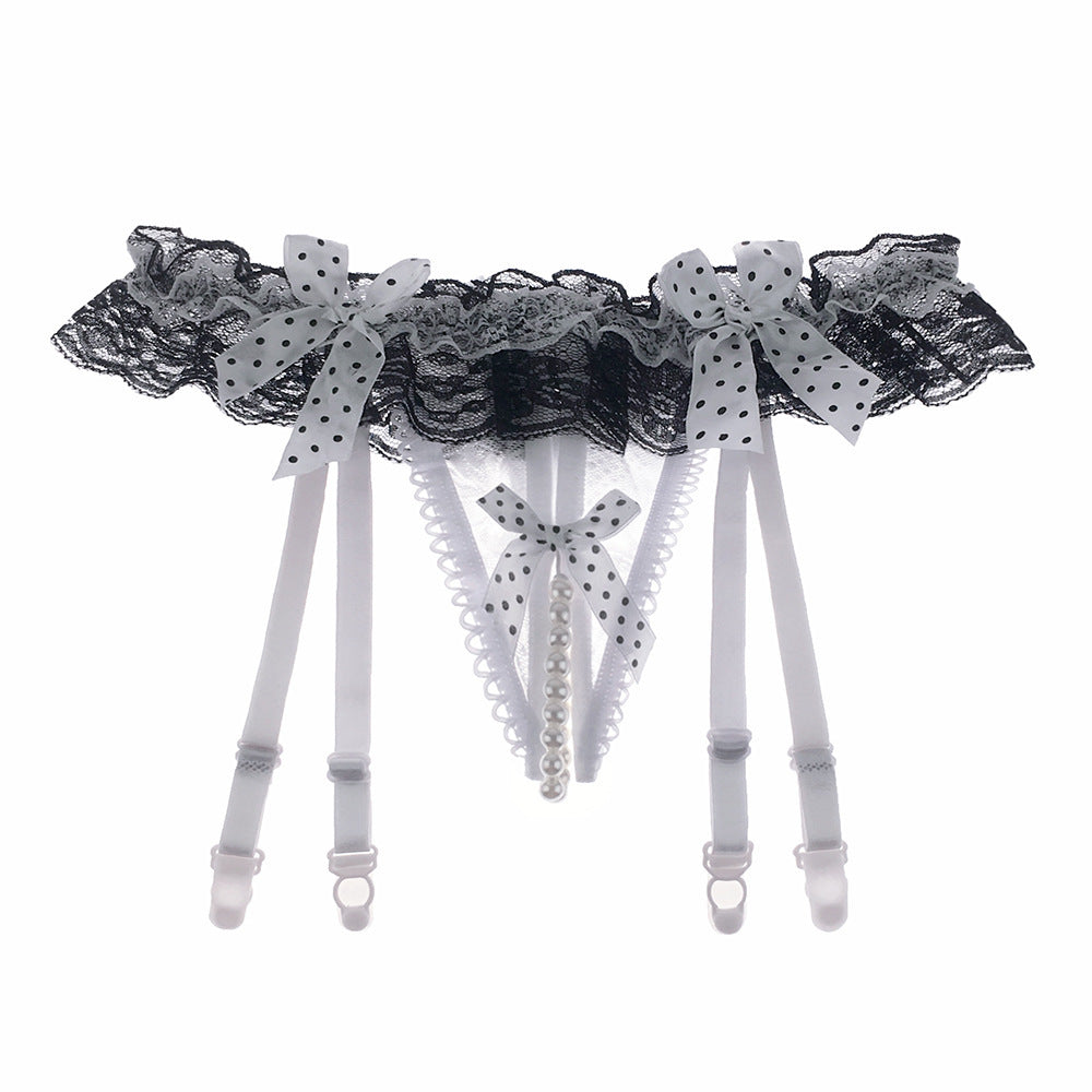 Lace Garter Belt Set with Pearl Panties and Waist Tie - Black & White