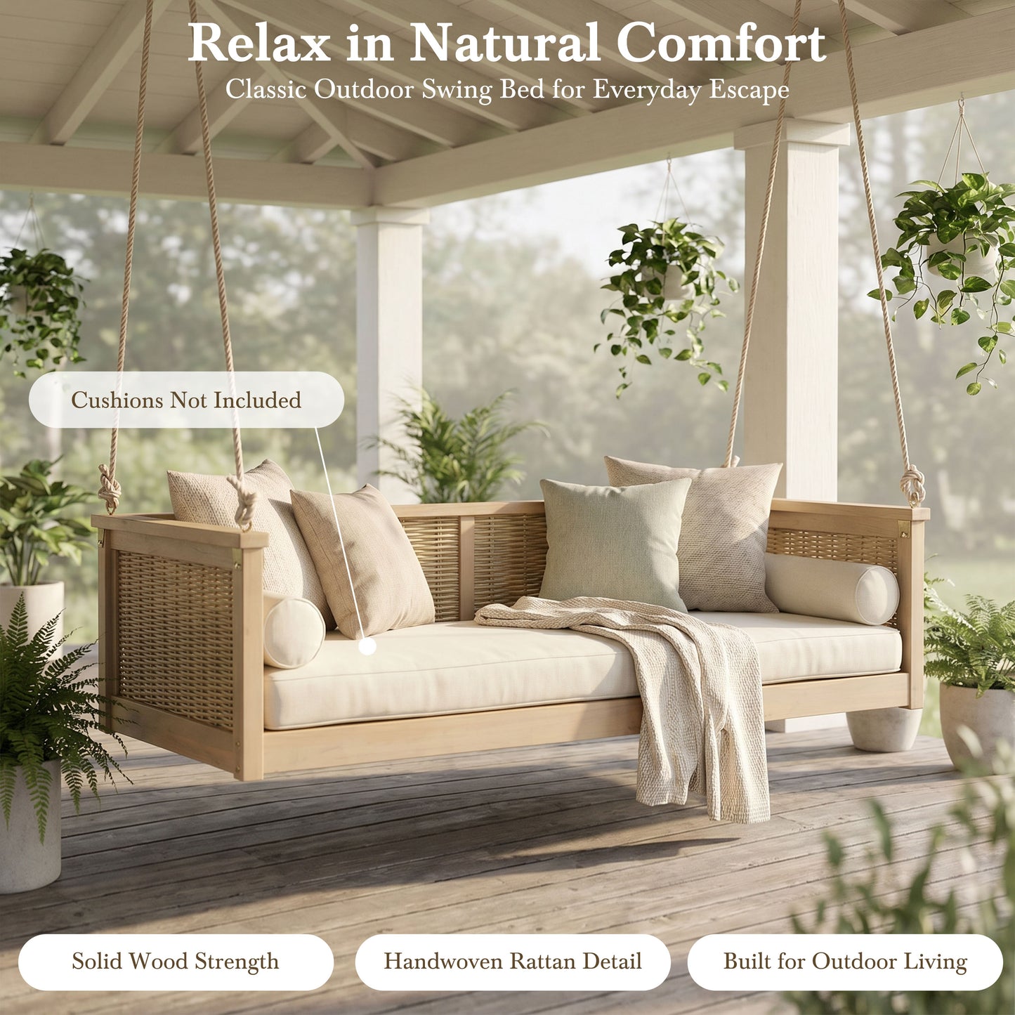 Outdoor Classic Solid Wood Twin Size Swing Bed - Light Teak