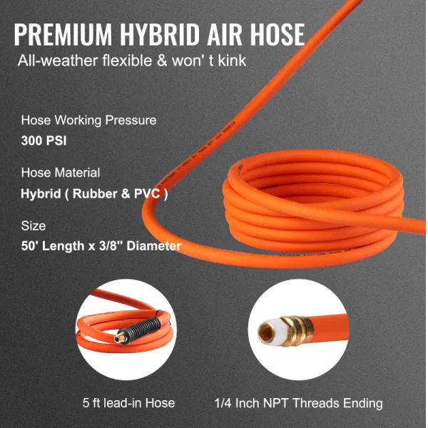 Retractable Air Hose Reel with 50ft Hybrid Polymer Hose for Workshop & Garage