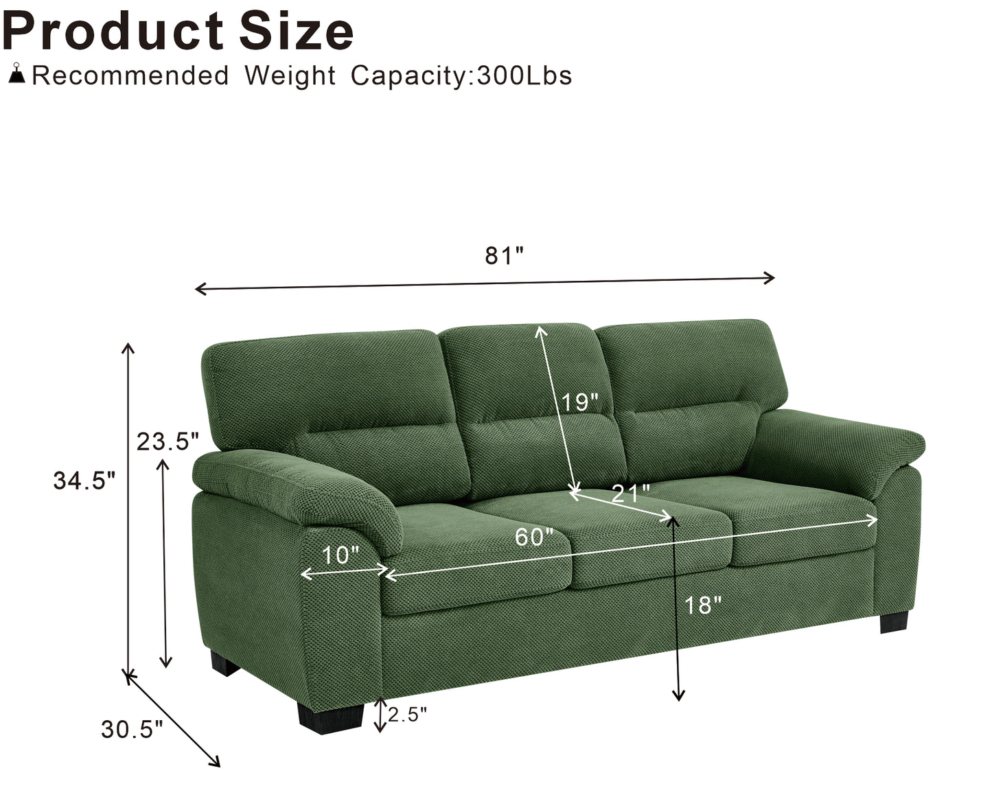 3-Seater Green Upholstered Sofa - Modern Minimalist Design