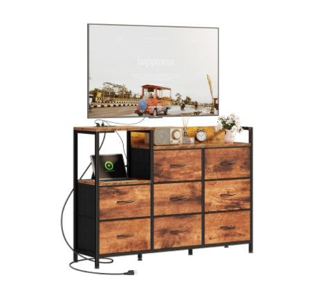 Brown Wooden TV Media Console Table with 8 Drawers & Shelf