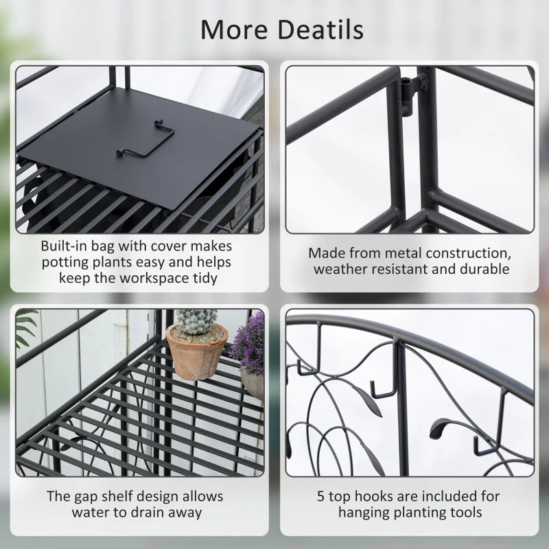 Folding Garden Potting Bench Table with Storage Bag & Hooks - Black