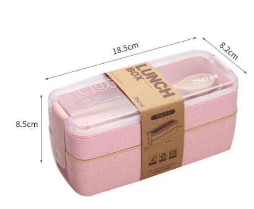 Square Double-Layer Wheat Straw Fiber Lunch Box - 3 Compartments, 900ml