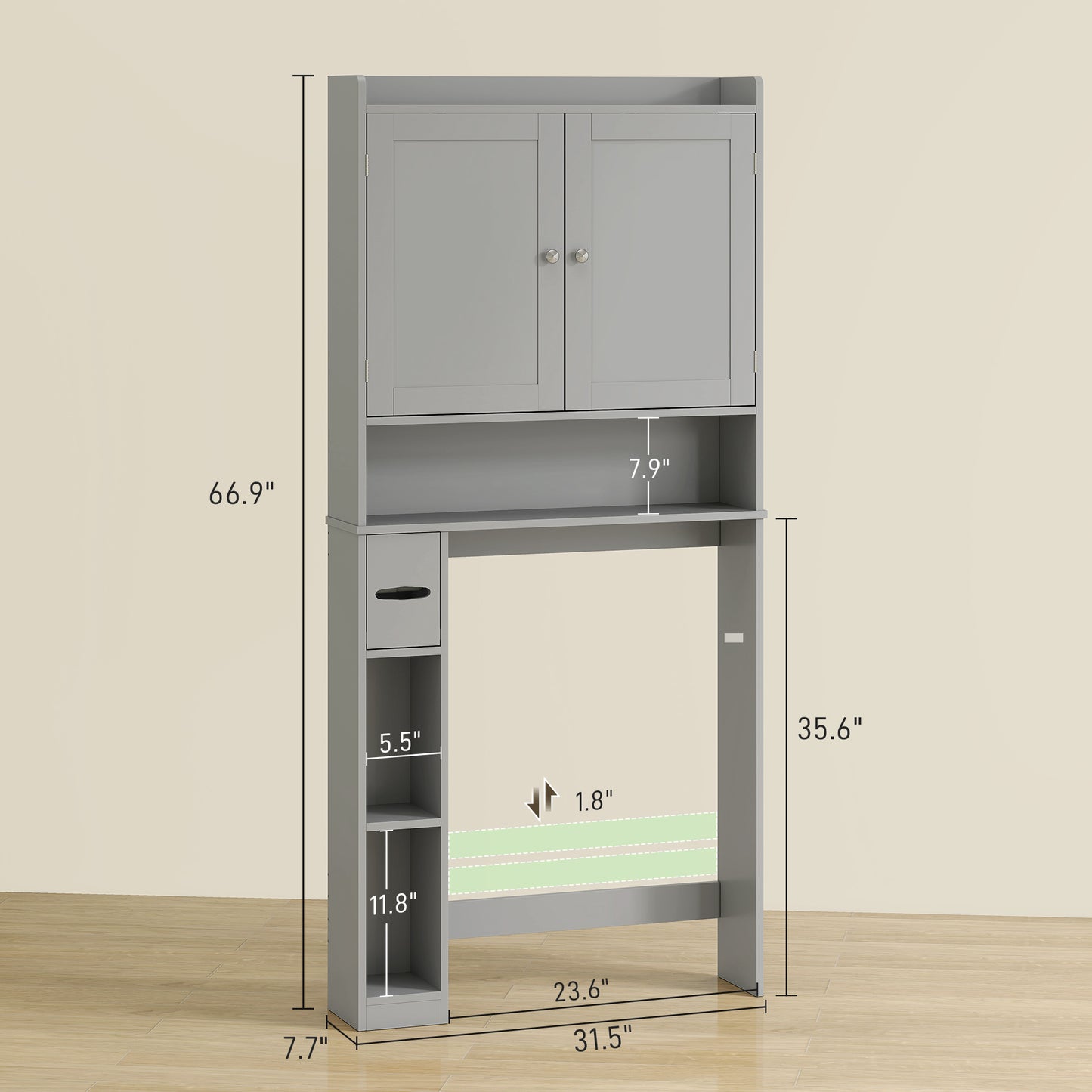 Over The Toilet Storage Cabinet with 2 Doors and Tissue Holder - Gray