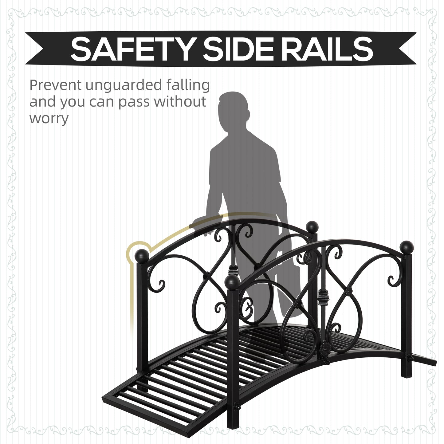 3.3FT Garden Bridge with Safety Railings - Decorative Black Backyard Pond Footbridge