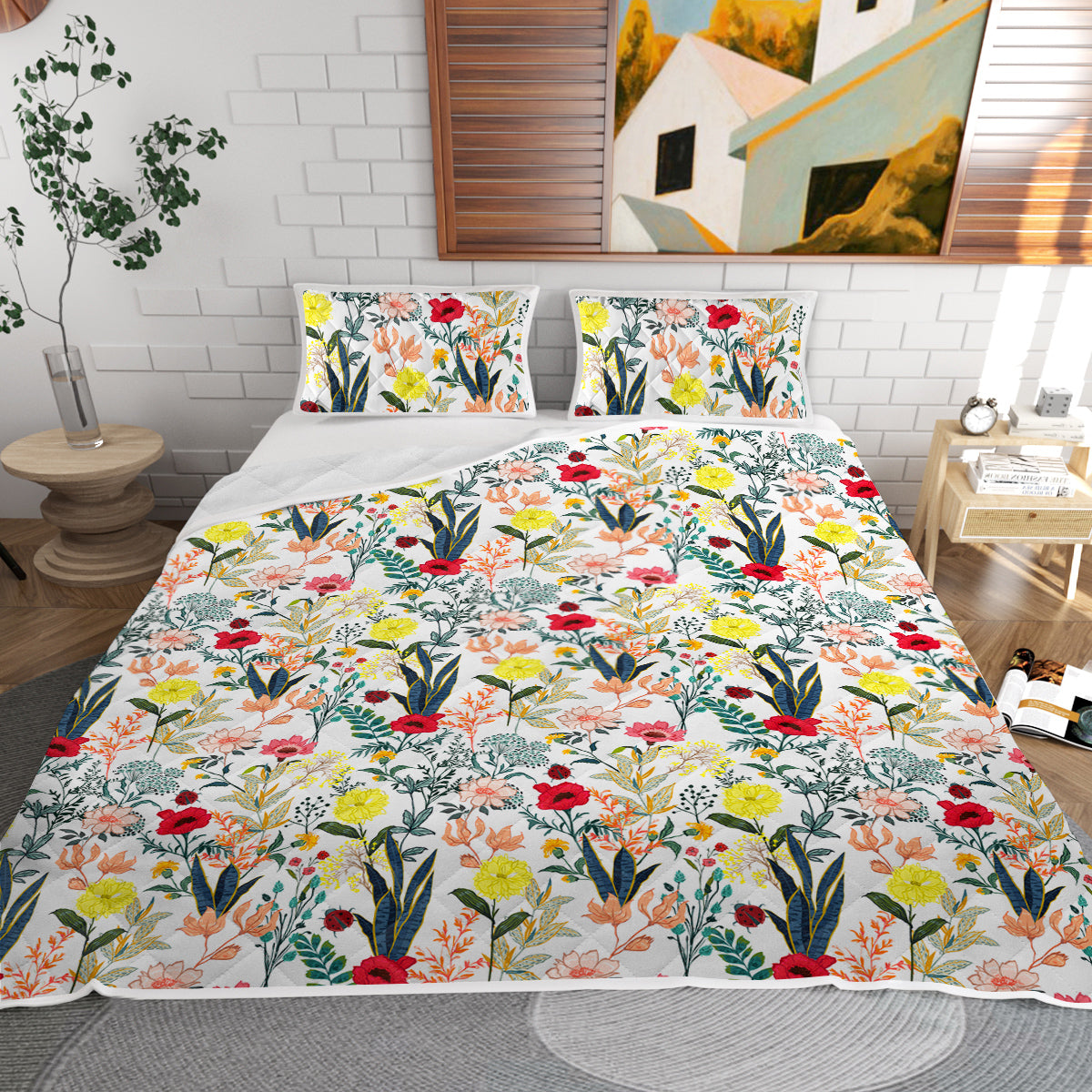 Floral Microfiber Quilt Set - Lightweight Bedspread & Pillow Shams