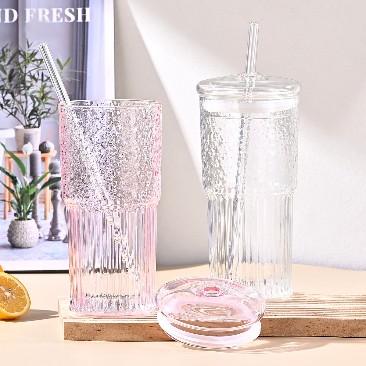Pink Glass Straw Cups - 20 Oz Heat-Resistant Drinkware (2-Pack)