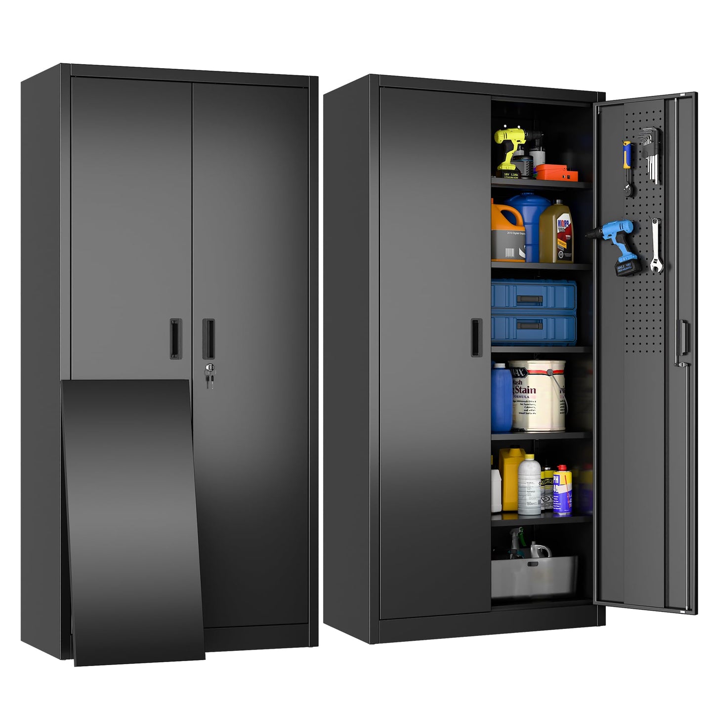 Locking Garage Storage Cabinet with 5 Adjustable Shelves - Black