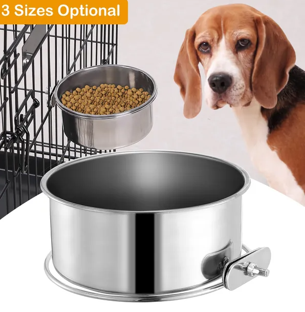 Stainless Steel Pet Food Bowl for Dogs & Cats, Detachable Cage Mount - Medium