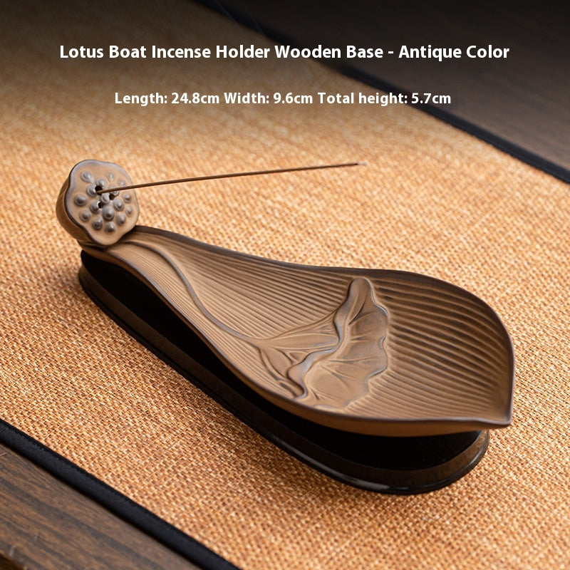 Ceramic Lotus Boat Incense Holder with Wooden Base - Zen Home Fragrance Decor