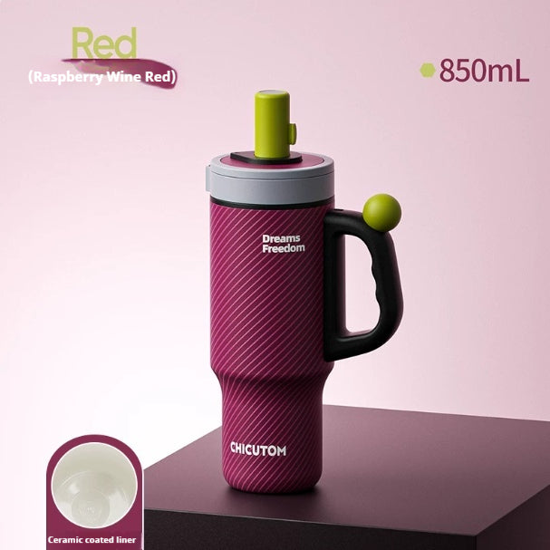 Large-Capacity Insulated Ceramic & Stainless Steel Travel Cup with Handle