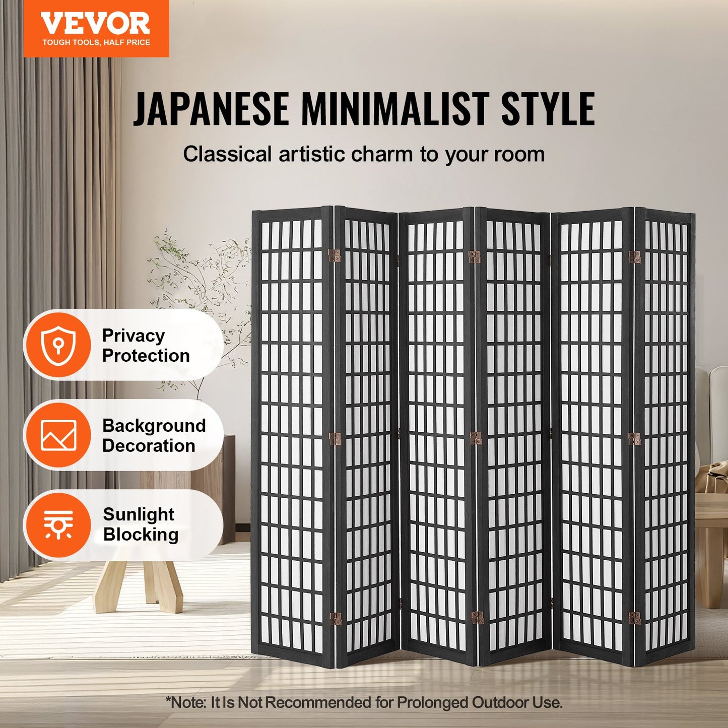 Japanese Room Divider - 6 Panel Folding Privacy Screen - Black