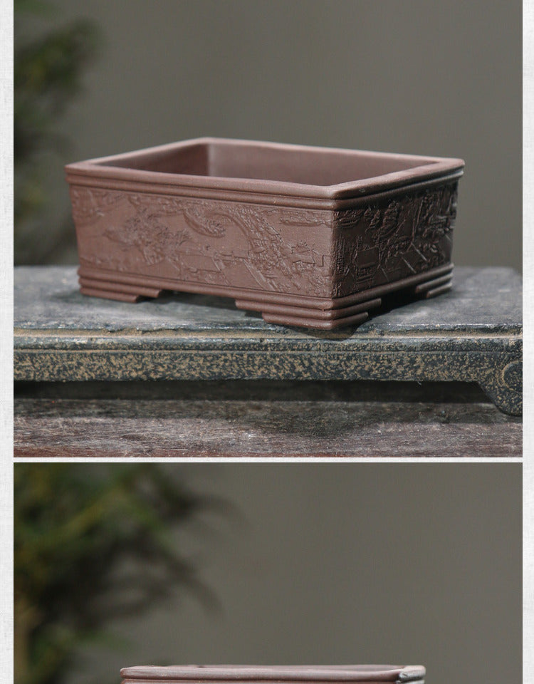 Rotating Rectangular Ceramic Flower Pot Set with Bamboo Basin - Classic Garden Decor