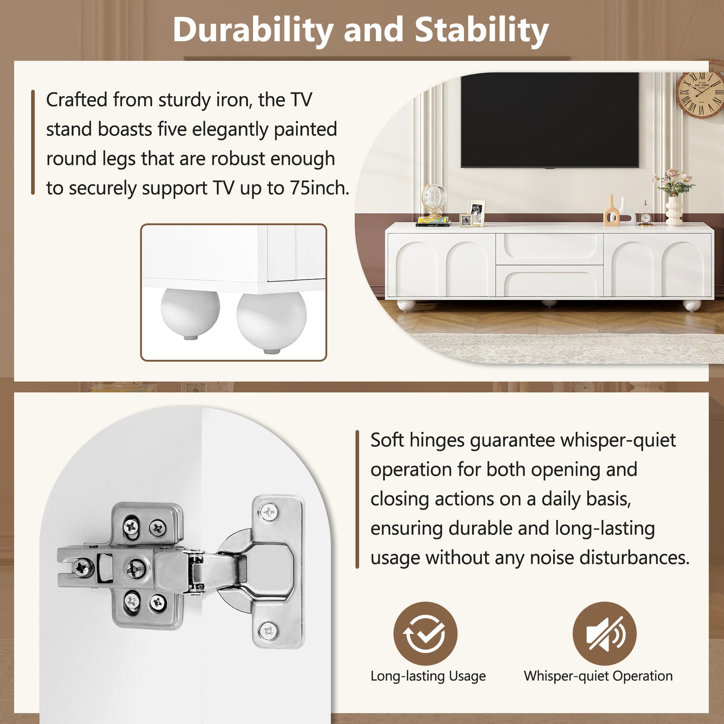 Cream Style TV Stand with Arched Doors & 2 Drawers for TVs Up to 75"