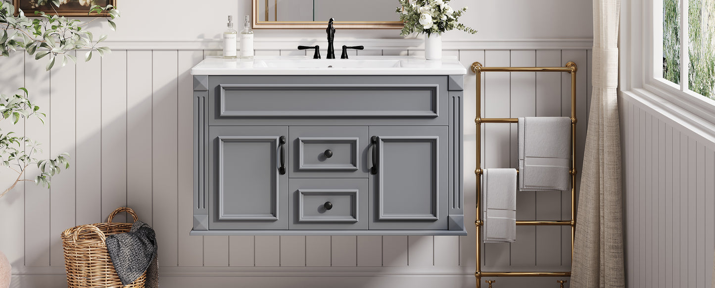 36-Inch Wall-Mounted Bathroom Vanity with Ceramic Sink - Gray