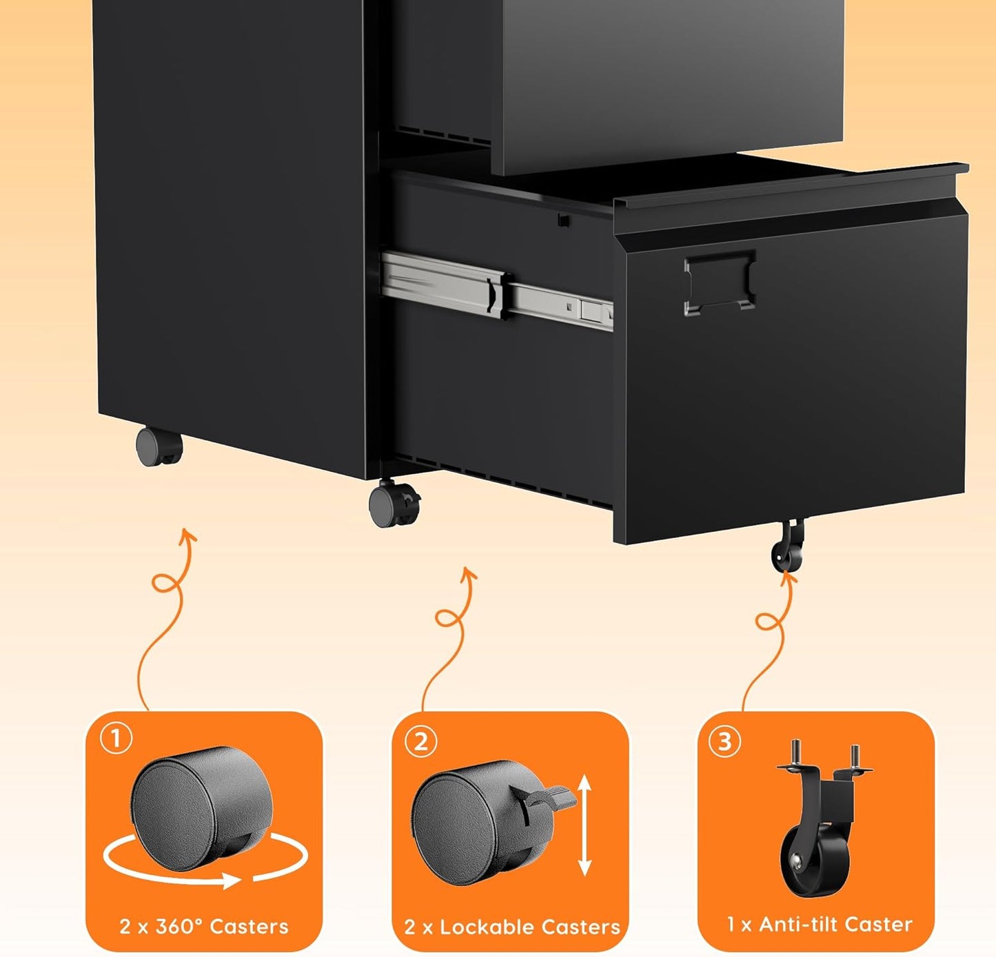 2-Drawer Mobile File Cabinet with Lock - Black Metal Storage