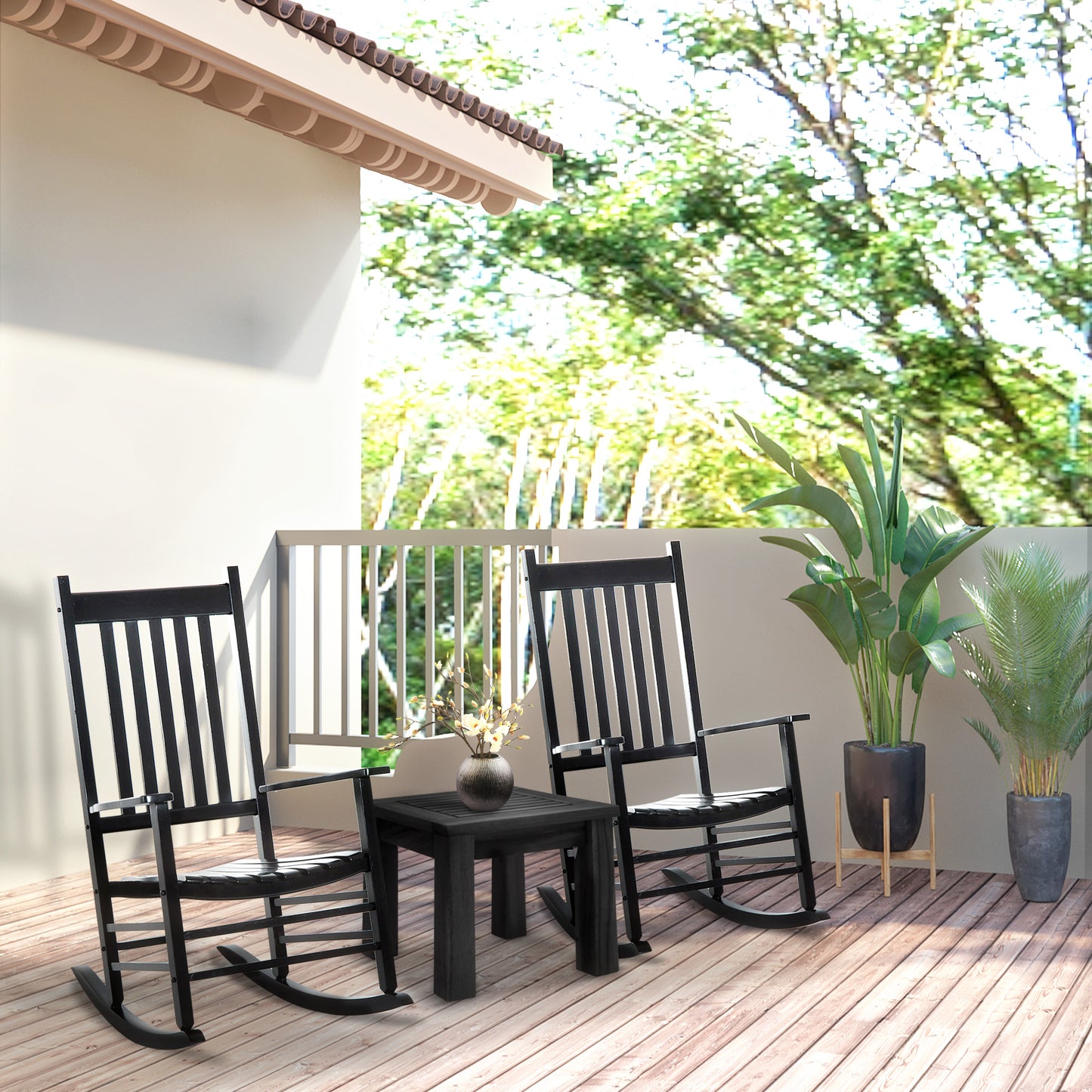 Wooden Outdoor Rocking Chair with Armrests - Black