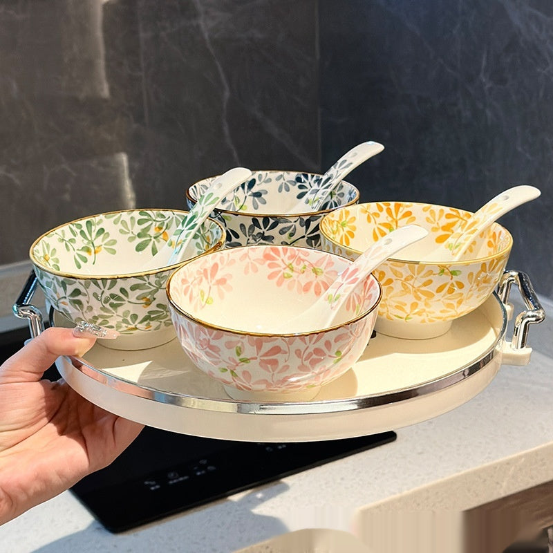 Japanese Style Ceramic Serving Bowls Set of 4 - Green Pink Blue Yellow