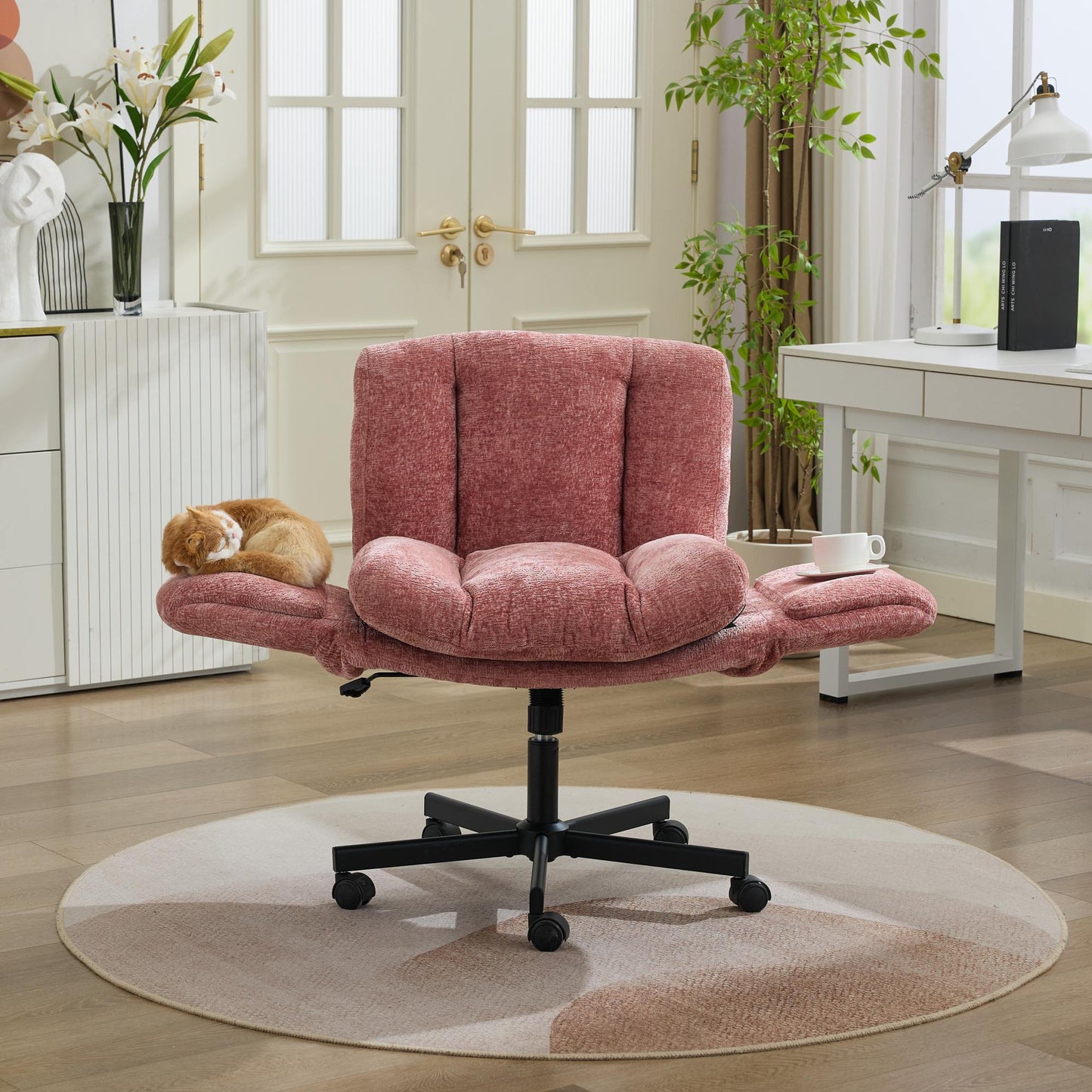 Chenille Swivel Office Chair - Adjustable Height & Armrests, Blush Pink