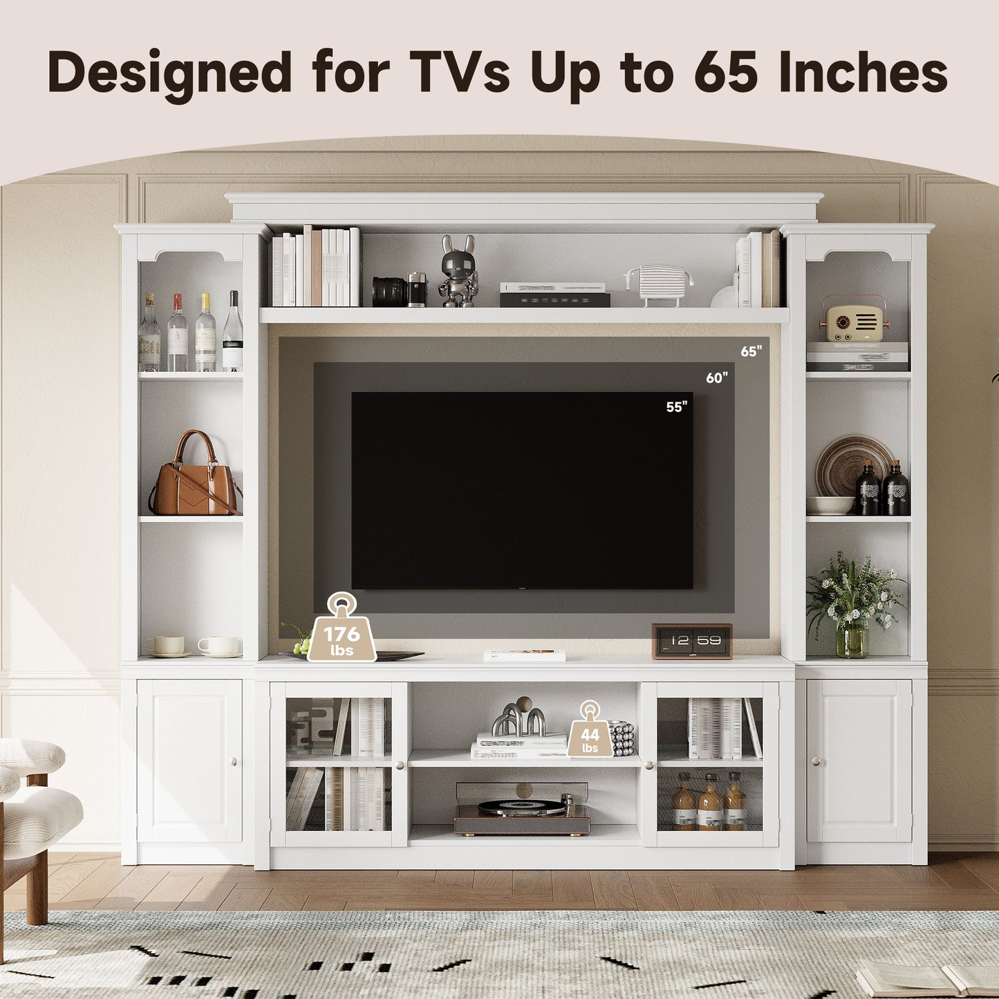 All-in-One Modern TV Stand With Bookcase For TVs Up To 65-inch,