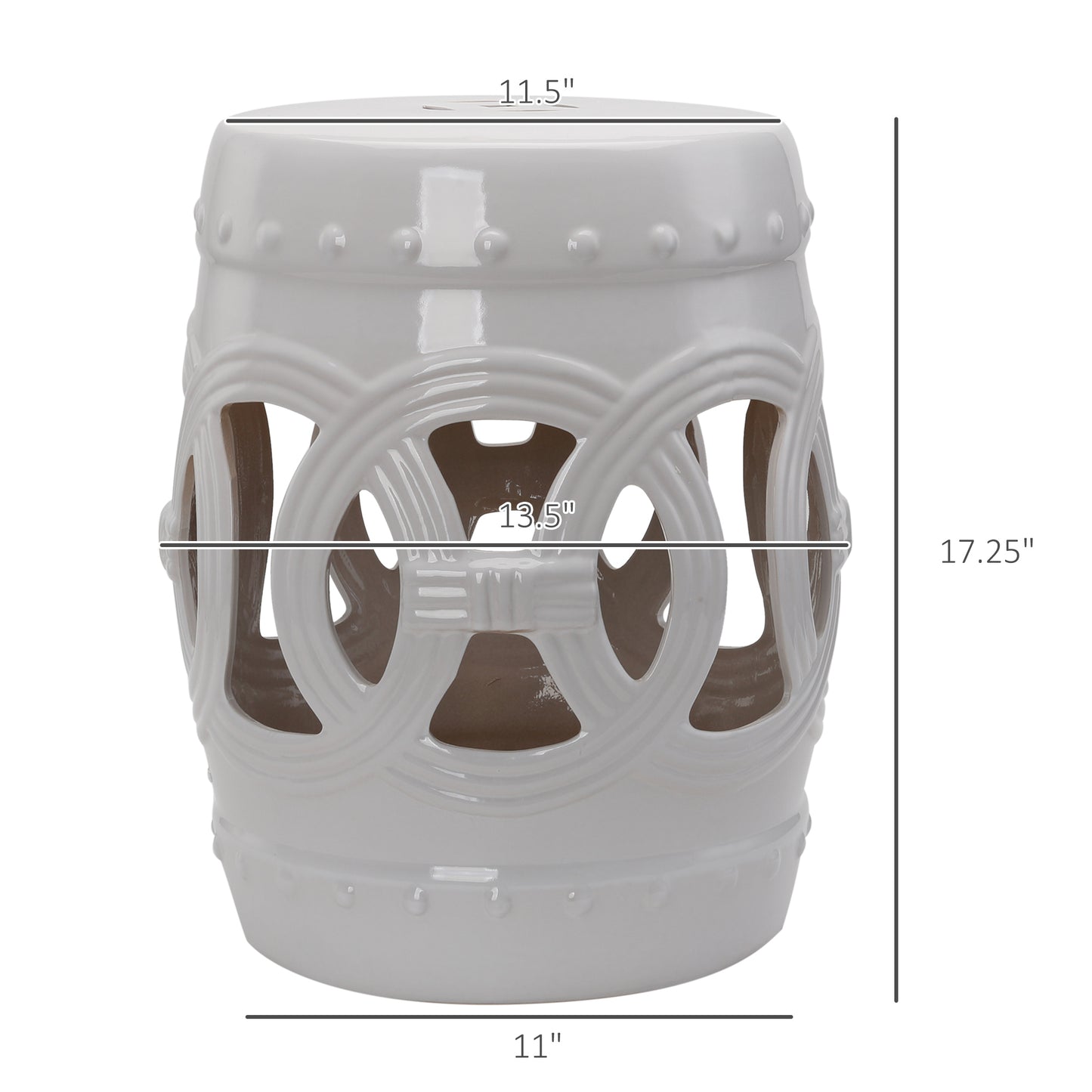 Ceramic Garden Stool - Boho Chic Design, White, 14" x 17"