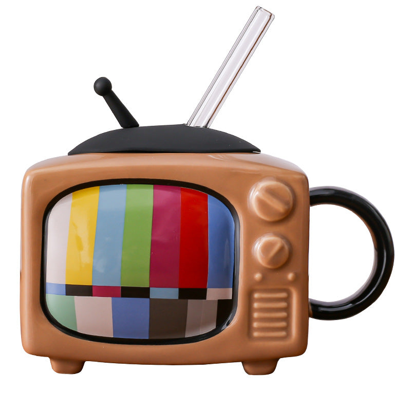 Creative Retro TV Ceramic Cup with Lid and Handle - 450ml, Multiple Colors