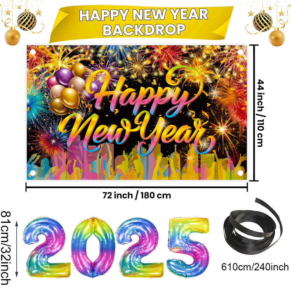 Happy New Year Party Decorations Set - 32 Inch Balloons & Banner