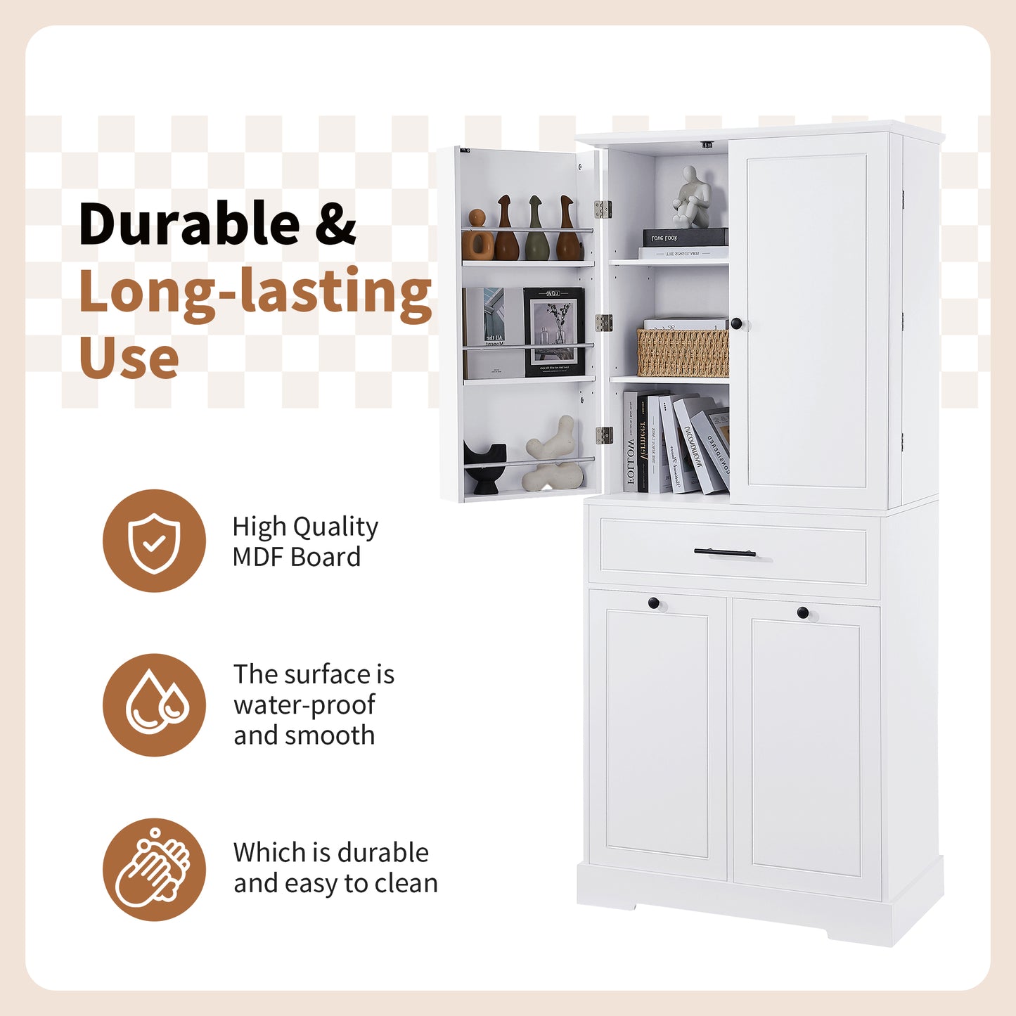 Freestanding Bathroom Storage Cabinet with Tilt-Out Hamper - White
