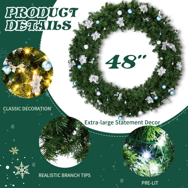 48-Inch Pre-Lit Christmas Wreath with 150 Lights & DIY Ornaments