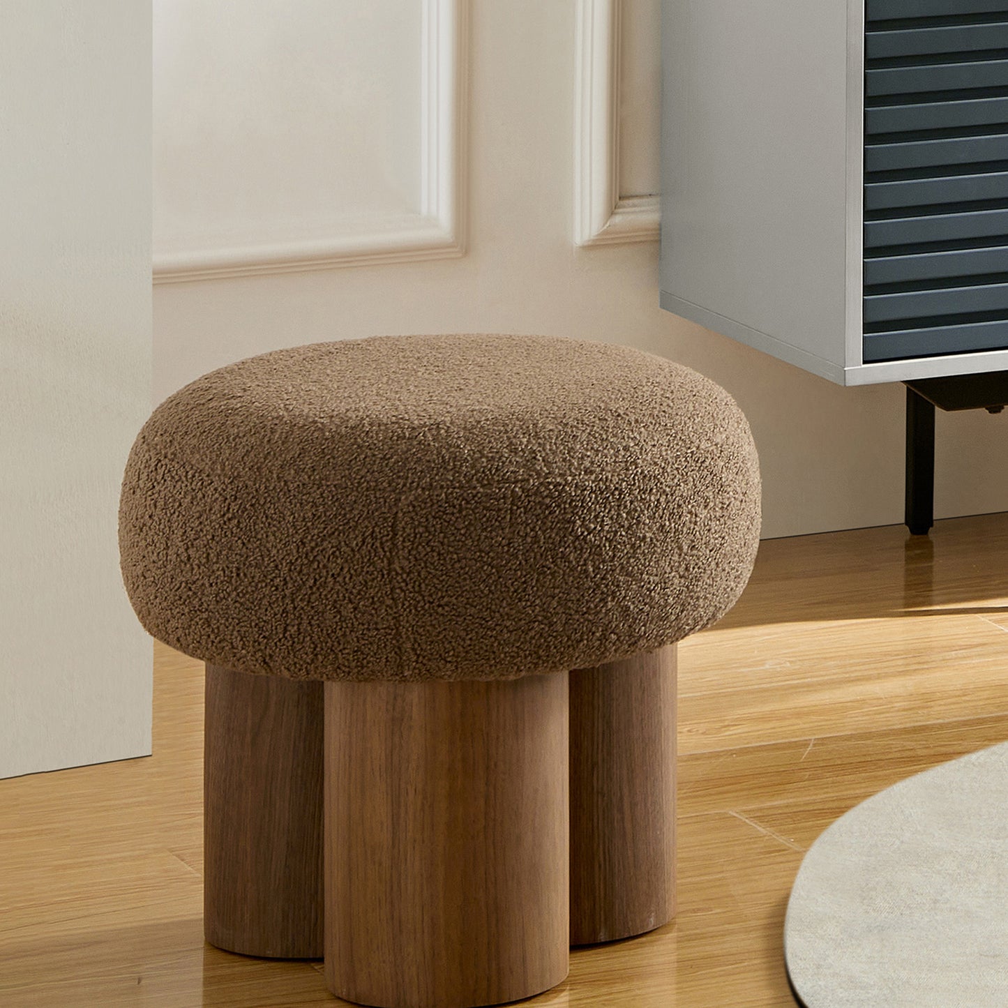 W8017-1 Mushroom Stool, Brown Lamb Wool Seat, Barrel PVC Pipe With