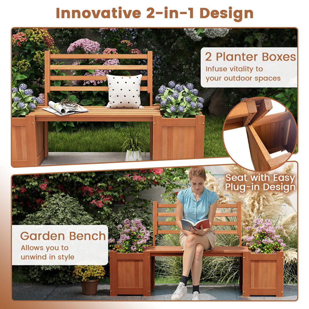 Wooden Planter Bench Set with 2 Open-ended Planter Boxes - Natural