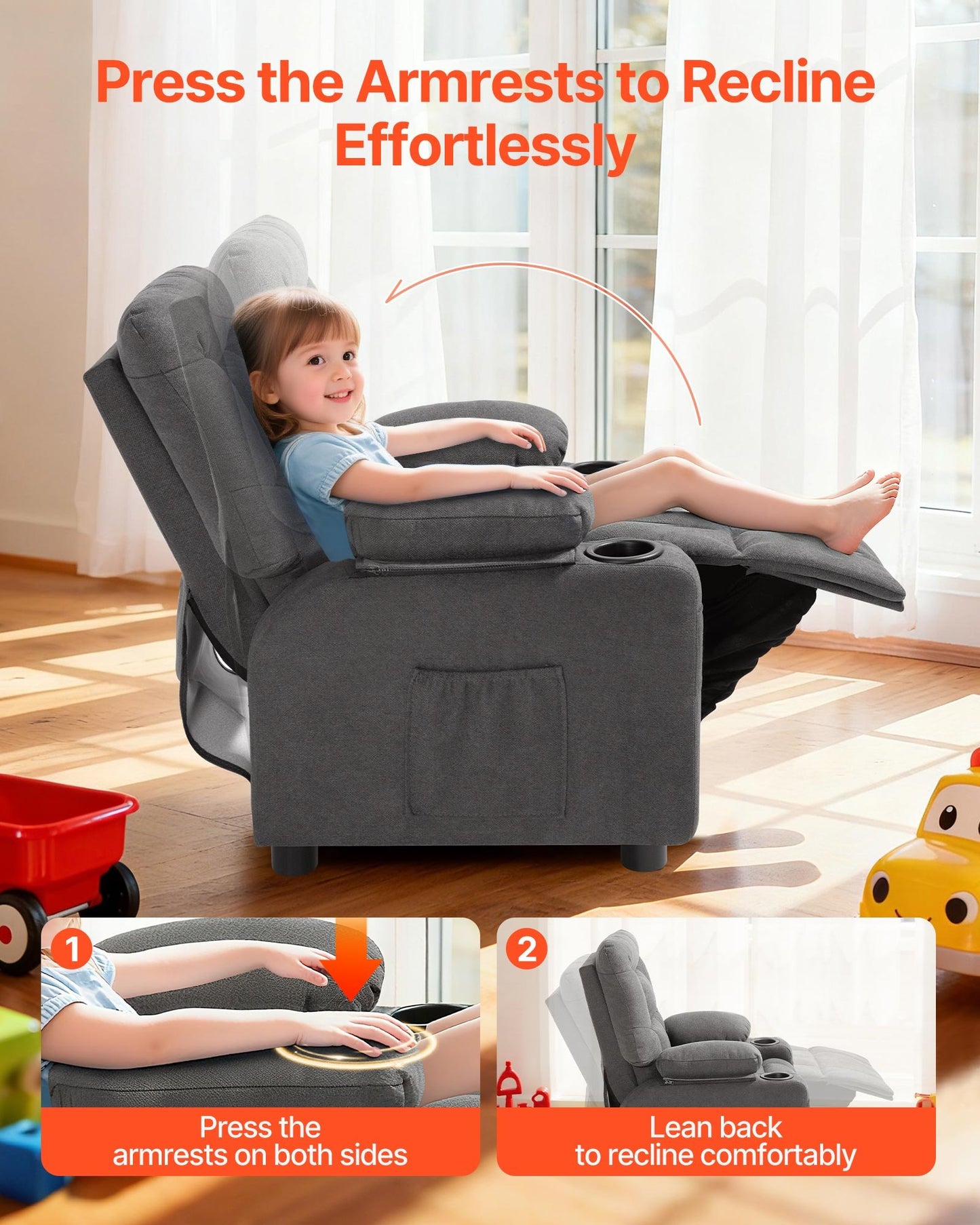 Kids Recliner Chair with Cup Holders & Adjustable Backrest - Gray