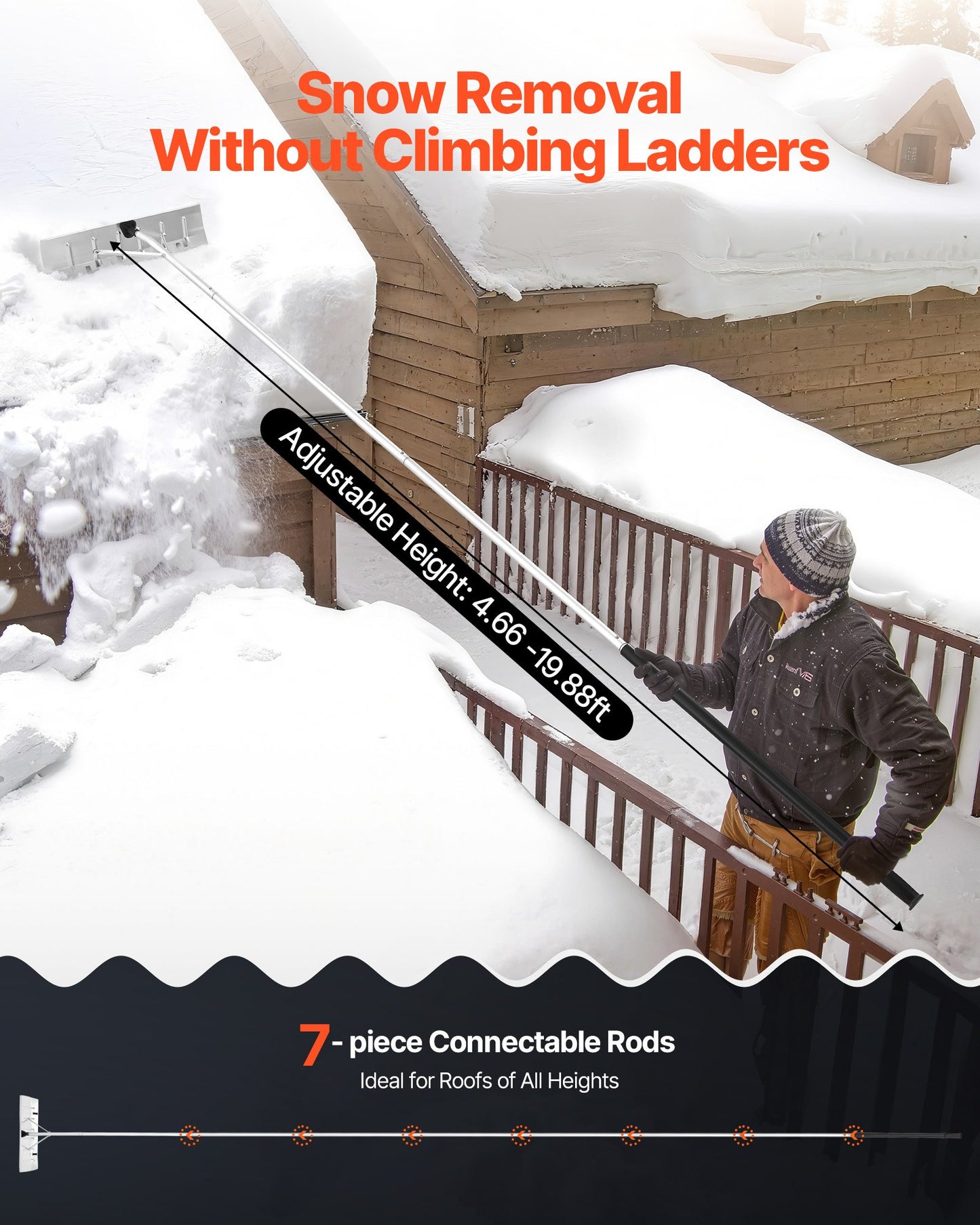 Adjustable Snow Roof Rake with Aluminum Blade & Wheels - 7.5-20 Ft Lightweight Debris Removal Tool