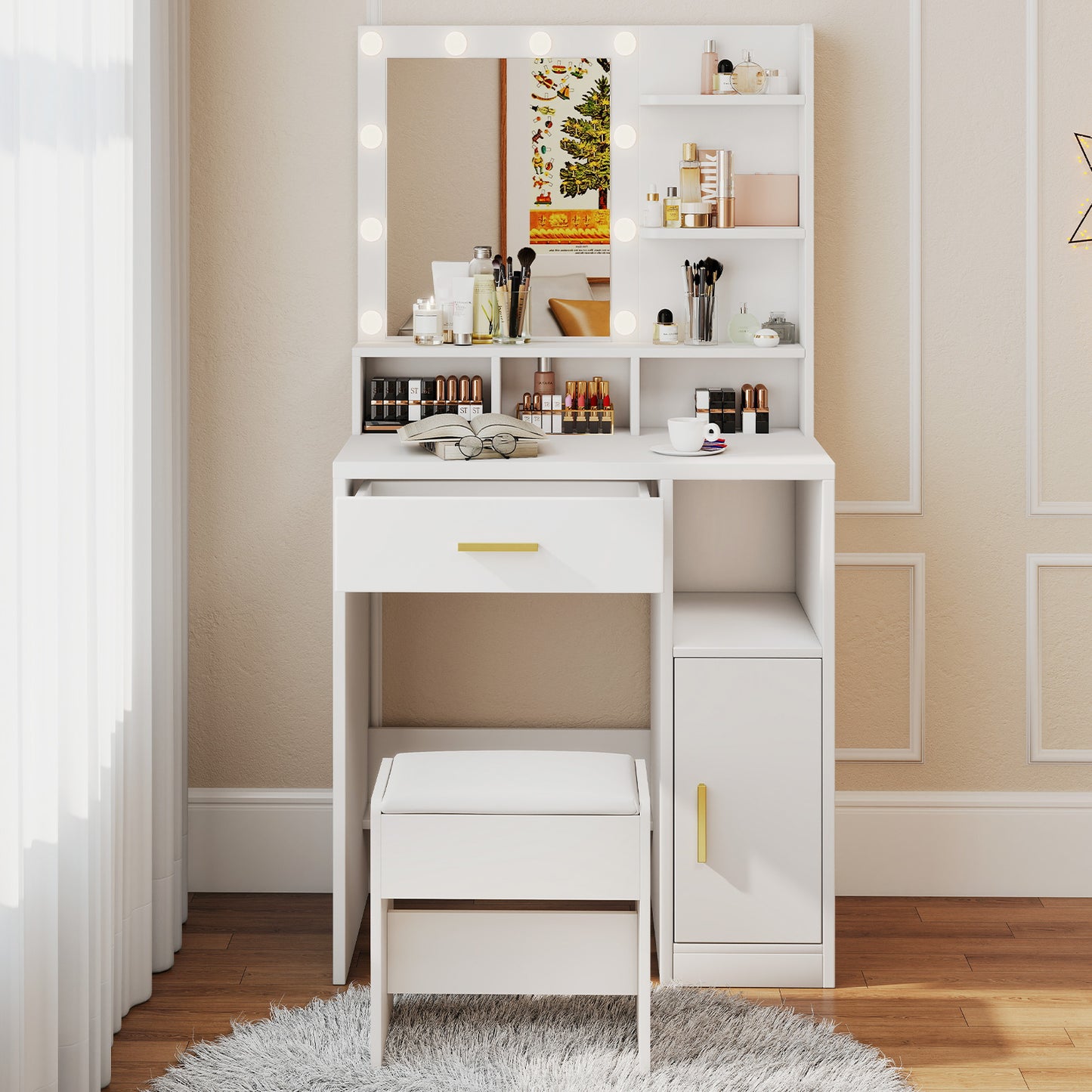 Vanity Desk With Mirror Makeup 10 Dimmable Bulbs Drawers Cabinet