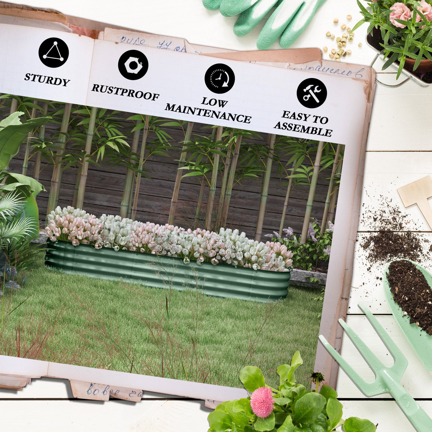 Galvanized Raised Garden Bed Kit - Eco-Friendly Metal Planter Box, Green, 76.75 x 24.5 x 11.75 Inches