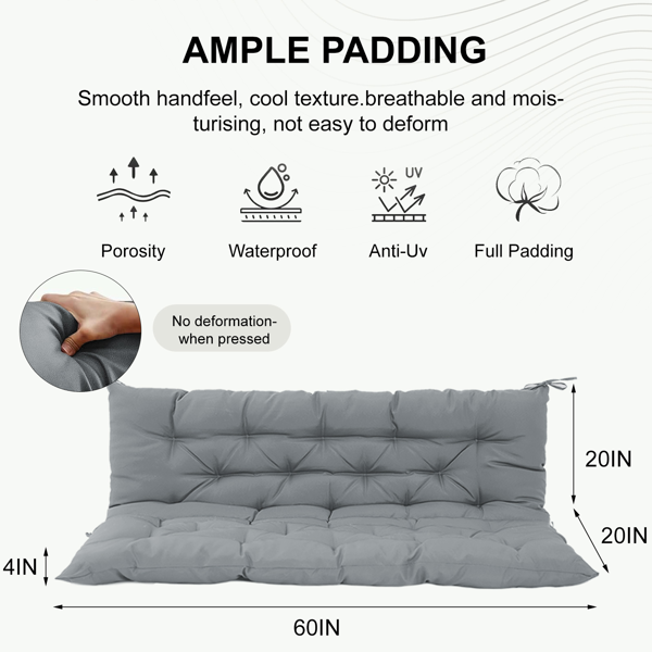 60-Inch Outdoor Swing Cushion - Waterproof, 4-Inch Thick with Backrest, Light Grey