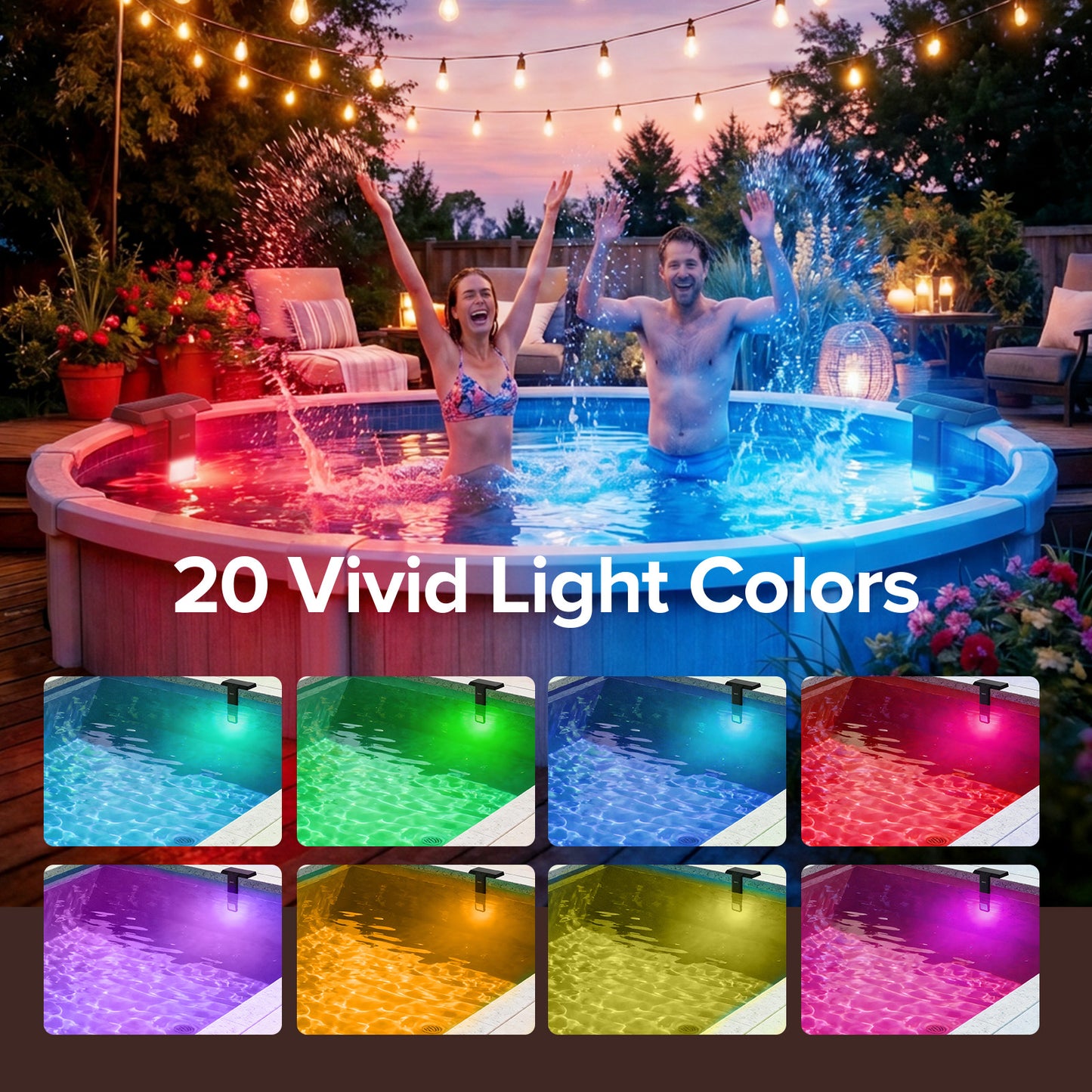 Solar Pool Light RGB with Remote, 20 Colors, 4 Modes, Waterproof IP68, Rechargeable, Easy Magnetic Mount